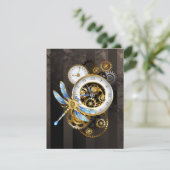 Steampunk-klok met mechanische dragonfly advieskaart (Staand voorkant)