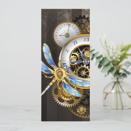 Steampunk-klok met mechanische dragonfly advieskaart (Staand voorkant)