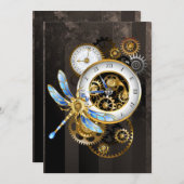 Steampunk-klok met mechanische dragonfly advieskaart (Voorkant / Achterkant)