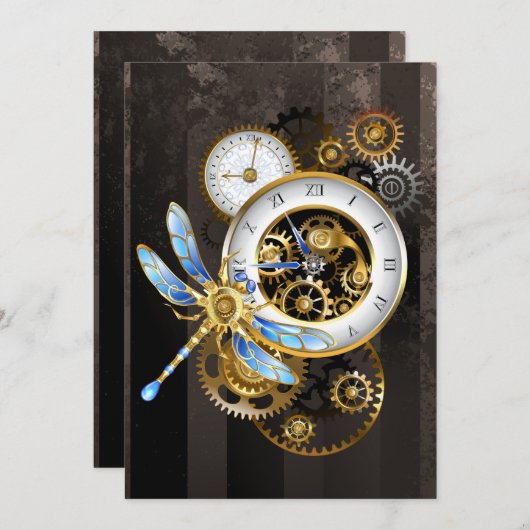 Steampunk-klok met mechanische dragonfly advieskaart (Voorkant / Achterkant)