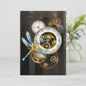 Steampunk-klok met mechanische dragonfly advieskaart (Staand voorkant)