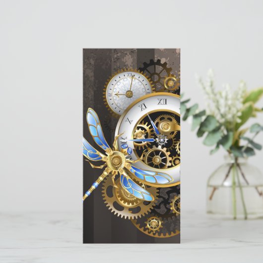 Steampunk-klok met mechanische dragonfly bedankkaart (Staand voorkant)