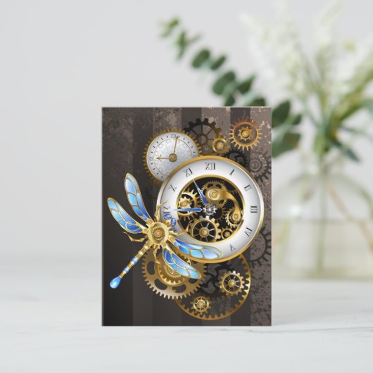 Steampunk-klok met mechanische dragonfly bedankkaart (Staand voorkant)