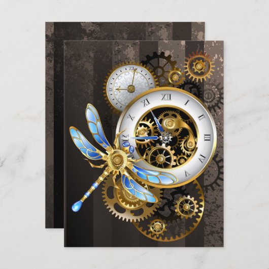 Steampunk-klok met mechanische dragonfly bedankkaart (Voorkant / Achterkant)
