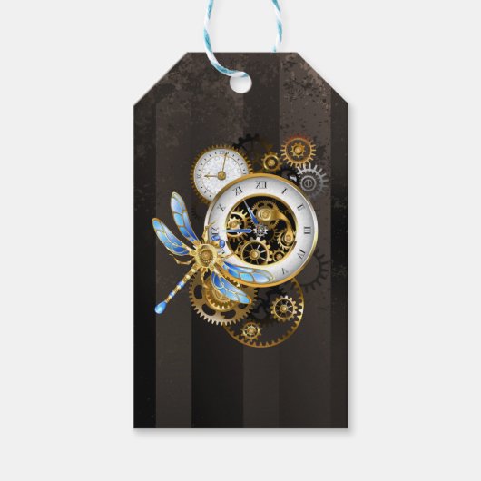 Steampunk-klok met mechanische dragonfly cadeaulabel (Voorkant)