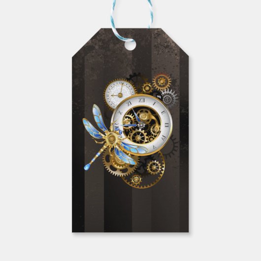 Steampunk-klok met mechanische dragonfly cadeaulabel (Achterkant)