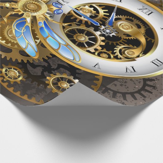 Steampunk-klok met mechanische dragonfly cadeaupapier (Hoek)