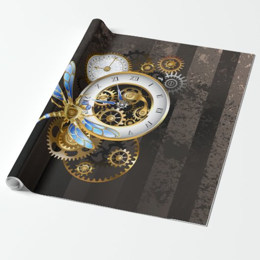 Steampunk-klok met mechanische dragonfly cadeaupapier (Uitgerold)