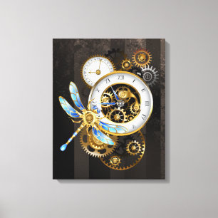 Steampunk-klok met mechanische dragonfly canvas afdruk
