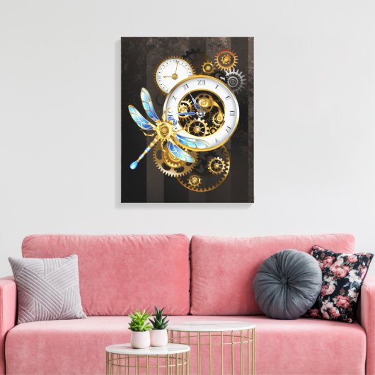 Steampunk-klok met mechanische dragonfly canvas afdruk (Insitu (Woonkamer))