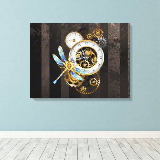 Steampunk-klok met mechanische dragonfly canvas afdruk (Insitu (Houten vloer))