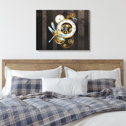 Steampunk-klok met mechanische dragonfly canvas afdruk (Insitu (Slaapkamer))