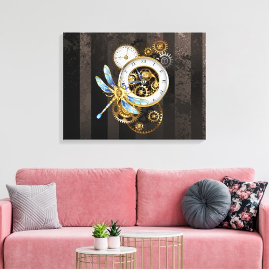 Steampunk-klok met mechanische dragonfly canvas afdruk (Insitu (Woonkamer))
