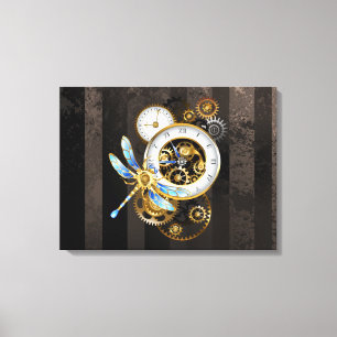 Steampunk-klok met mechanische dragonfly canvas afdruk