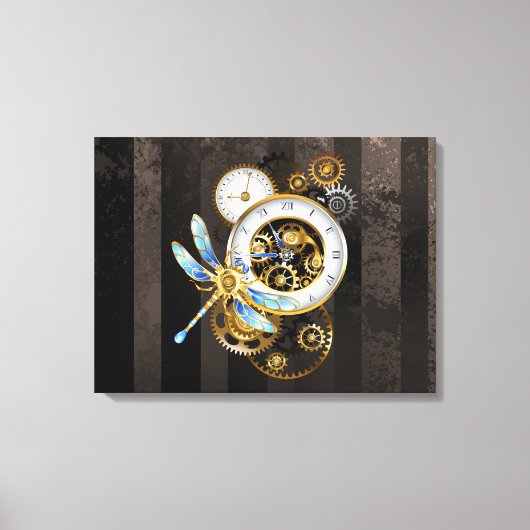 Steampunk-klok met mechanische dragonfly canvas afdruk (Voorkant)