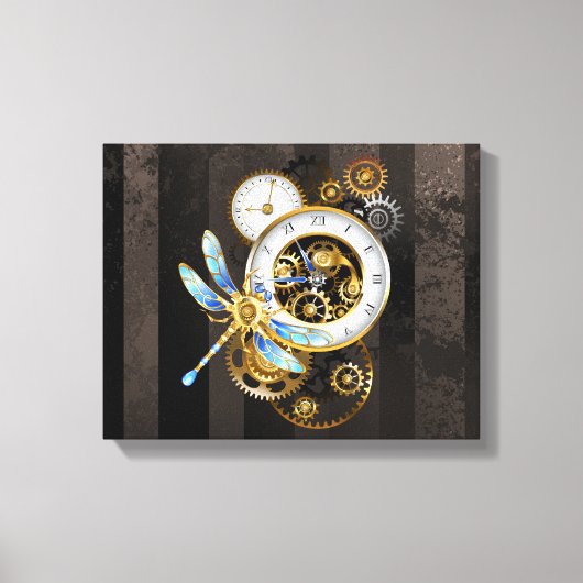 Steampunk-klok met mechanische dragonfly canvas afdruk (Voorkant)