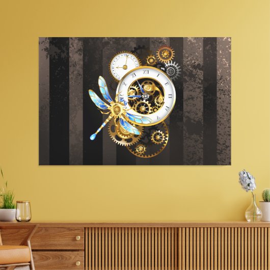 Steampunk-klok met mechanische dragonfly canvas afdruk (Insitu (Woonkamer))