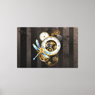 Steampunk-klok met mechanische dragonfly canvas afdruk