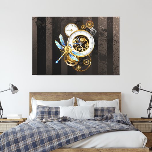 Steampunk-klok met mechanische dragonfly canvas afdruk (Insitu (Slaapkamer))