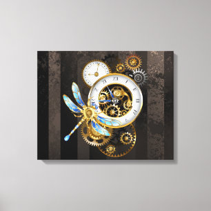 Steampunk-klok met mechanische dragonfly canvas afdruk