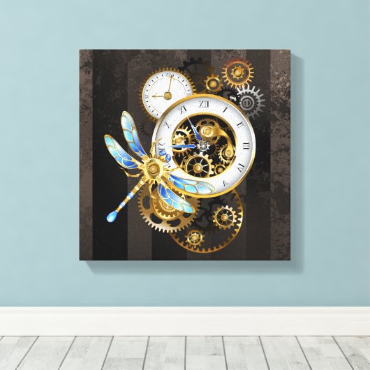 Steampunk-klok met mechanische dragonfly canvas afdruk (Insitu (Houten vloer))