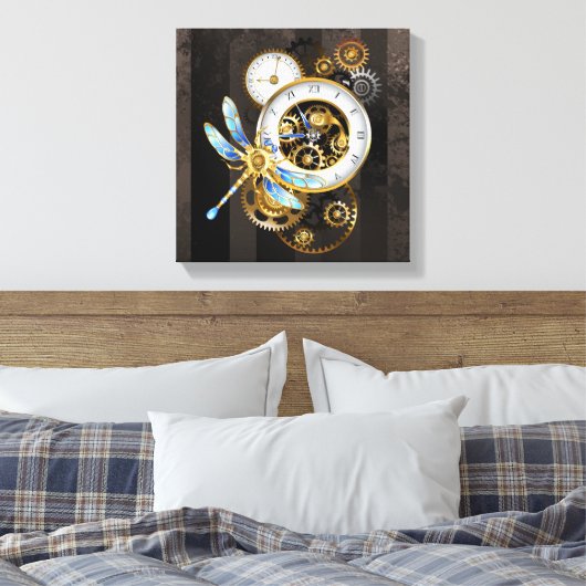 Steampunk-klok met mechanische dragonfly canvas afdruk (Insitu (Slaapkamer))