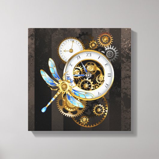 Steampunk-klok met mechanische dragonfly canvas afdruk (Voorkant)