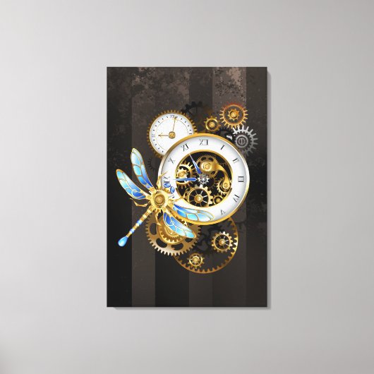 Steampunk-klok met mechanische dragonfly canvas afdruk (Voorkant)