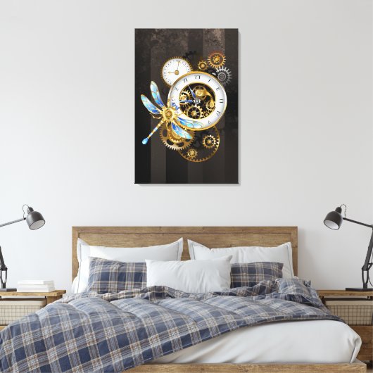 Steampunk-klok met mechanische dragonfly canvas afdruk (Insitu (Slaapkamer))