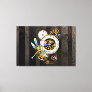 Steampunk-klok met mechanische dragonfly canvas afdruk
