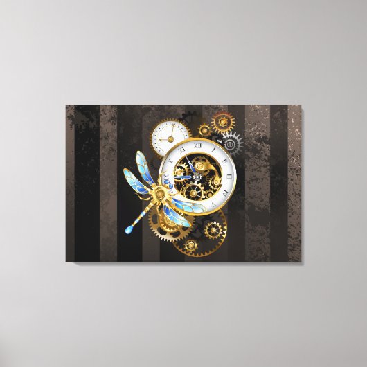 Steampunk-klok met mechanische dragonfly canvas afdruk (Voorkant)