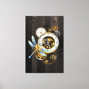 Steampunk-klok met mechanische dragonfly canvas afdruk