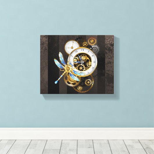 Steampunk-klok met mechanische dragonfly canvas afdruk (Insitu (Houten vloer))