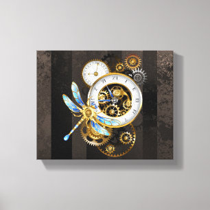 Steampunk-klok met mechanische dragonfly canvas afdruk