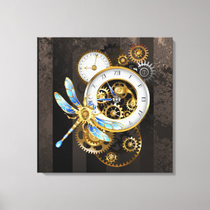Steampunk-klok met mechanische dragonfly canvas afdruk