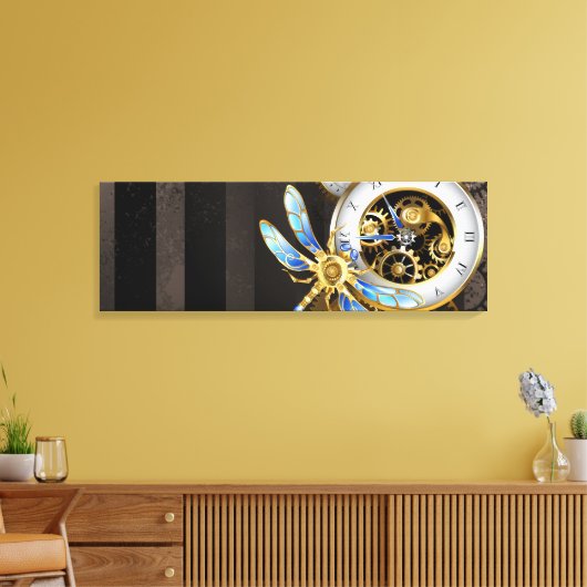 Steampunk-klok met mechanische dragonfly canvas afdruk (Insitu (Woonkamer))