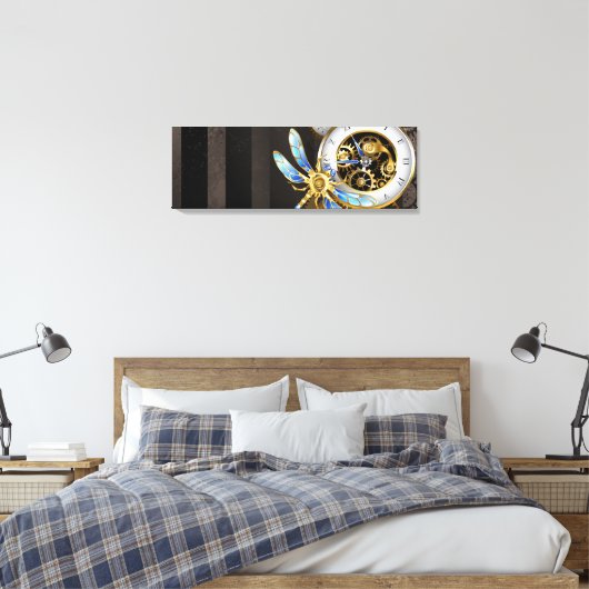 Steampunk-klok met mechanische dragonfly canvas afdruk (Insitu (Slaapkamer))