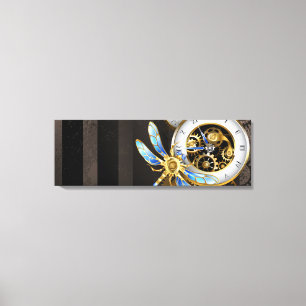 Steampunk-klok met mechanische dragonfly canvas afdruk