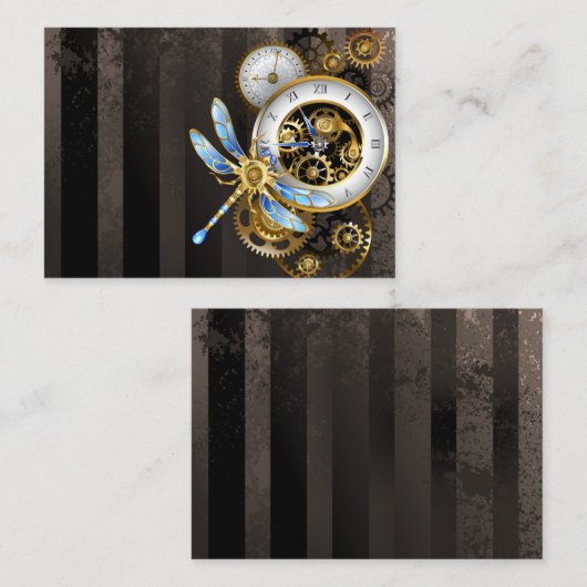 Steampunk-klok met mechanische dragonfly contactkaartje (Voorkant / Achterkant)