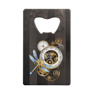 Steampunk-klok met mechanische dragonfly creditkaart flessenopener