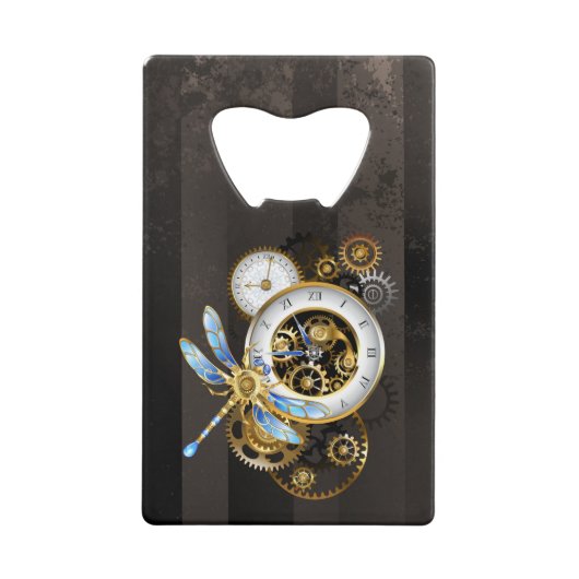 Steampunk-klok met mechanische dragonfly creditkaart flessenopener (Voorkant)