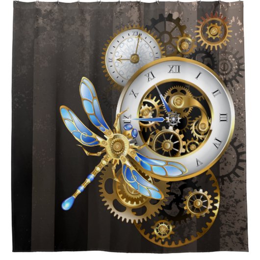 Steampunk-klok met mechanische dragonfly douchegordijn (Voorkant)