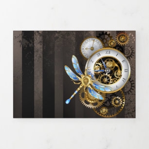 Steampunk-klok met mechanische dragonfly drieluik aankondiging