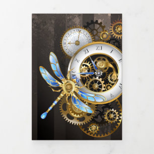 Steampunk-klok met mechanische dragonfly drieluik programma