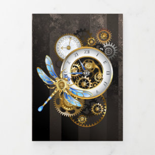 Steampunk-klok met mechanische dragonfly drieluik uitnodiging