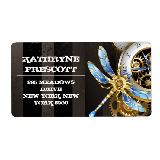 Steampunk-klok met mechanische dragonfly etiket (Voorkant)