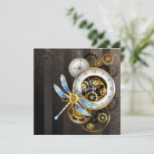 Steampunk-klok met mechanische dragonfly feestdagenkaart (Staand voorkant)