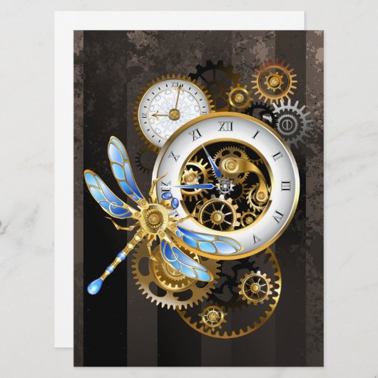 Steampunk-klok met mechanische dragonfly feestdagenkaart (Voorkant / Achterkant)