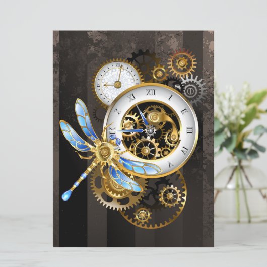 Steampunk-klok met mechanische dragonfly feestdagenkaart (Staand voorkant)