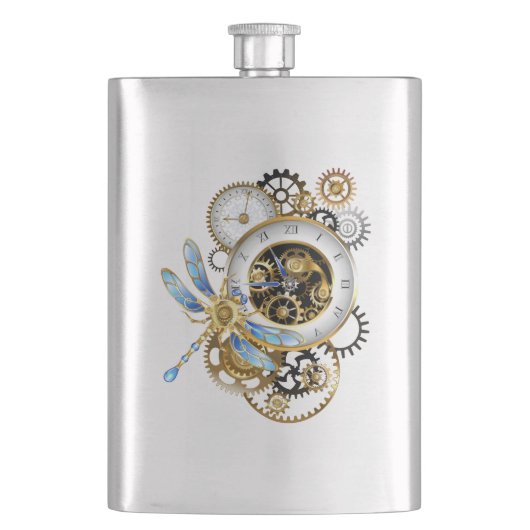 Steampunk-klok met mechanische dragonfly flacon (Voorkant)